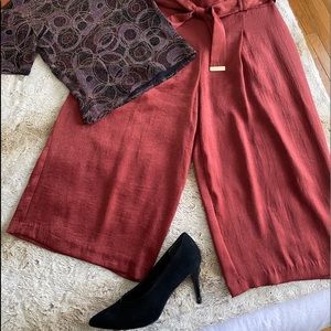 Red/Rust Satin Wide-Leg Pants with matching belt